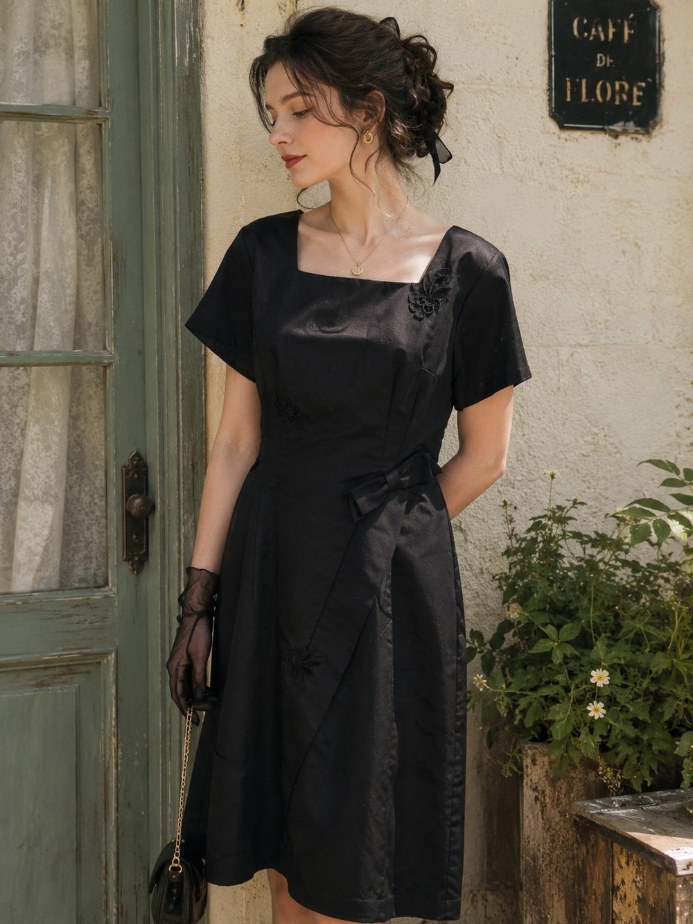 Town Modes Vintage 100% Silk Black Embroidered Sheath Dress Size 8 NWT 80's